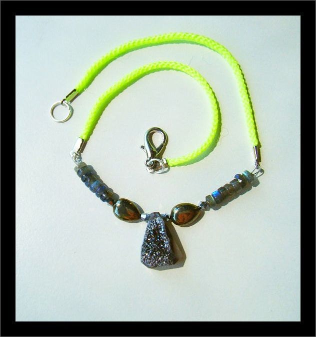HALF PRICE - Only One - Short Necklace - Grey Titanium Druzy Briolette with Neon Green Cord
