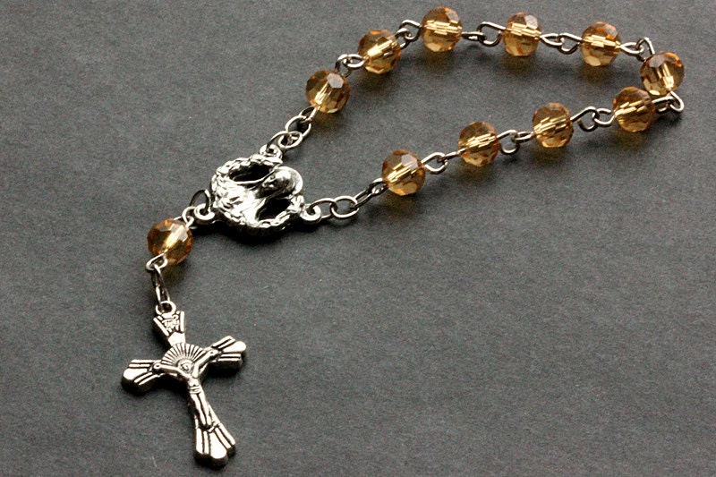 Amber Pocket Rosary. Crystal Rosary. Amber Rosary with Silver Accents. Handmade Rosary.