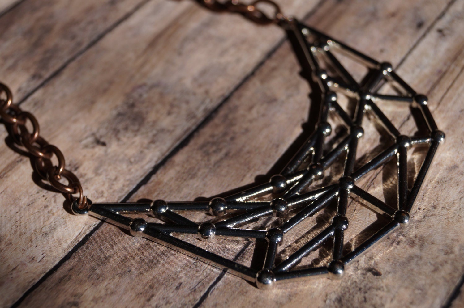 Silver Criss-Cross Pendant with Long Chunky Copper Chain