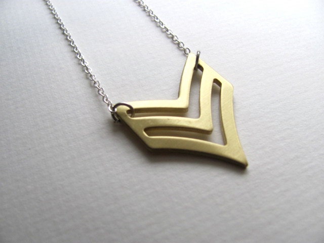 Golden chevron cutout pendant bib necklace on silver chain, vintage pendant, upcycled jewelry