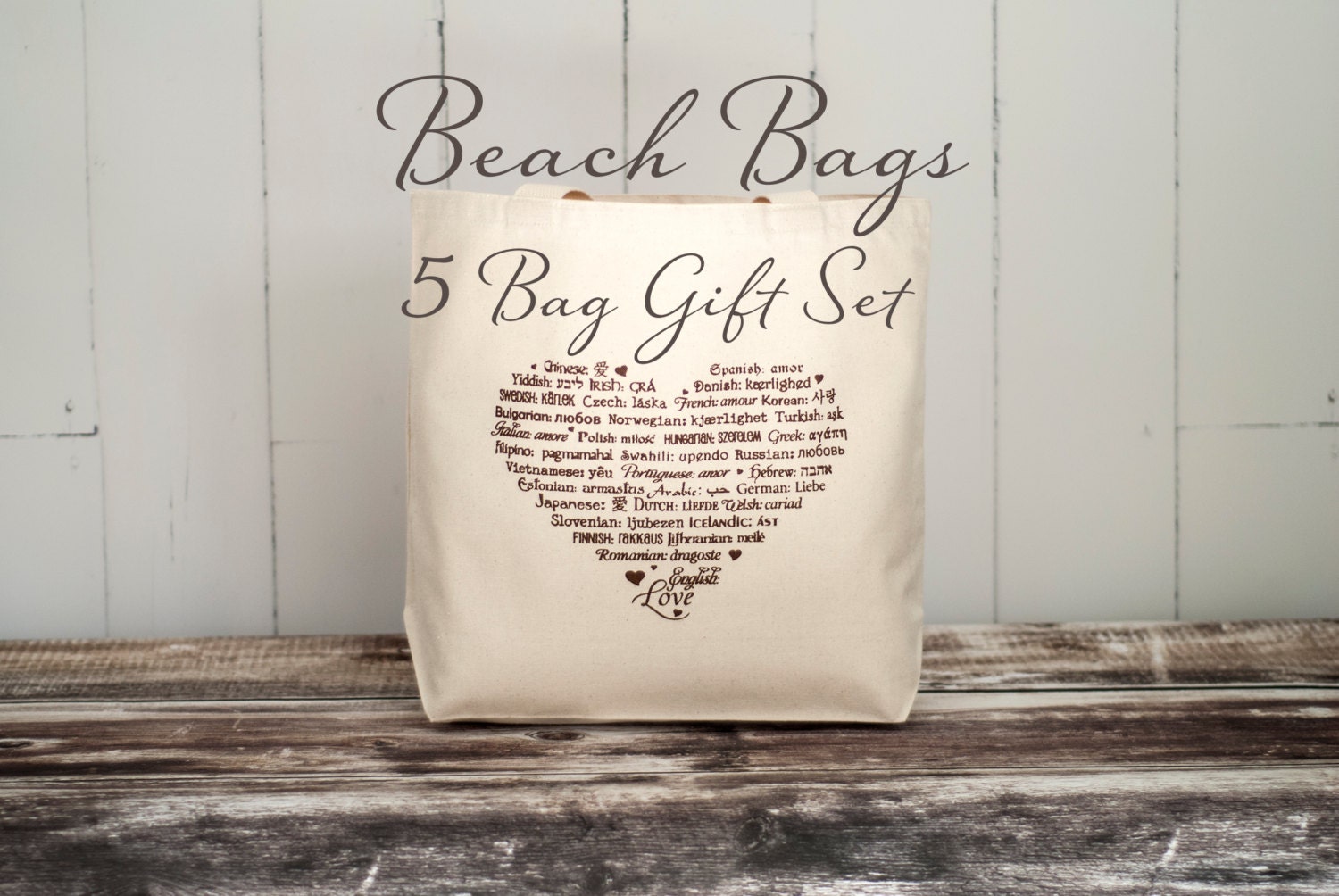 5 Bridesmaids Gift Set - LOVE Languages Bags - Heart - Beach Bag Tote - Canvas Bag - Natural
