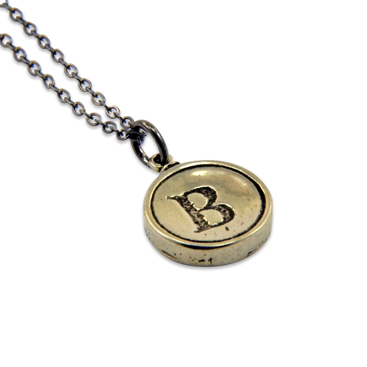 Letter B Charm Necklace - White Bronze Initial Typewriter Key Charm Necklace - Gwen Delicious Jewelry Design