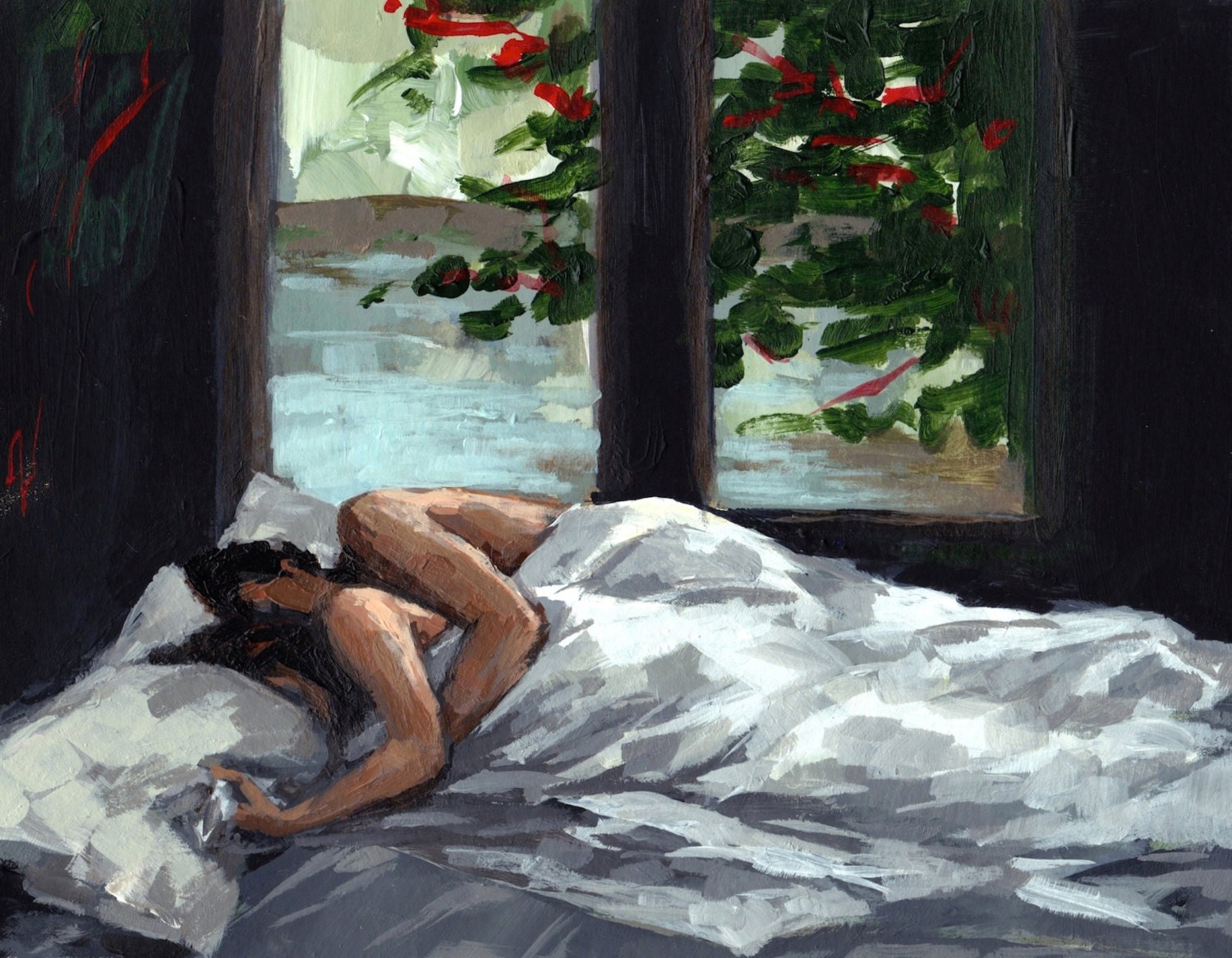 ASLEEP . large giclee poster print of couple in bed painting