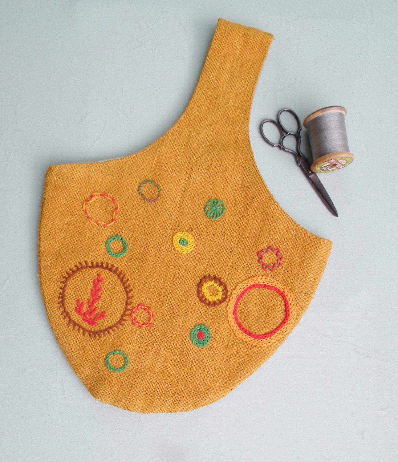Vintage Tote Bag Hand-Embroidered Purse 1950s Bright Mustard Hessian Fabric - Knitting or Sewing Projects Bag - Retro Hippy Boho Style