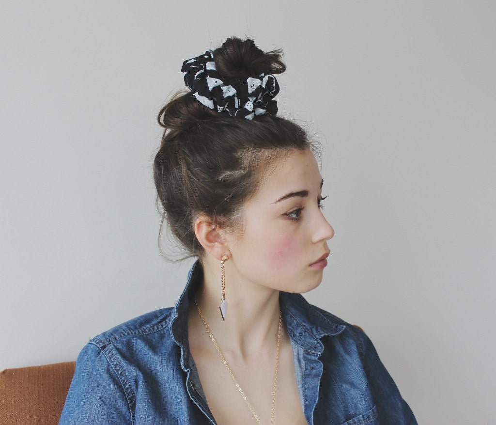 Hand Printed 'Mountain' Scrunchie in White on Black
