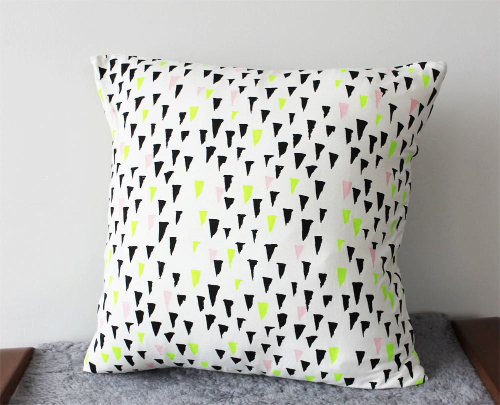 Hand Printed Organic 'Stalactite' Pillow in Black, Lime and Pale Pink on Creme