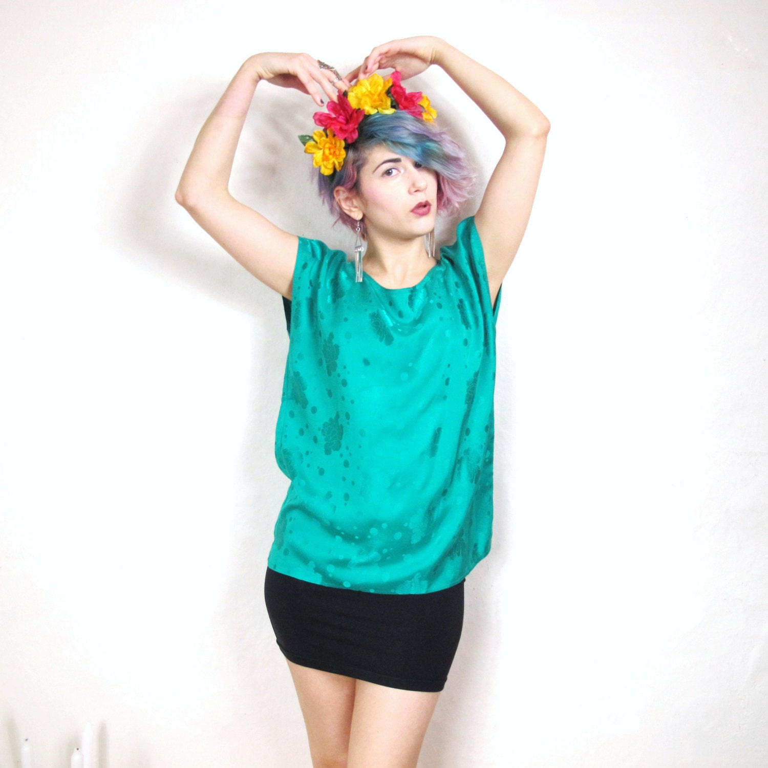 80s Emerald Green Polka Dot Floral Silk Blouse (S/M/L)