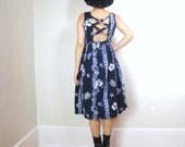 90s Blue Hawaii Criss Cross Back Full Skirt Summer Dress (XS)