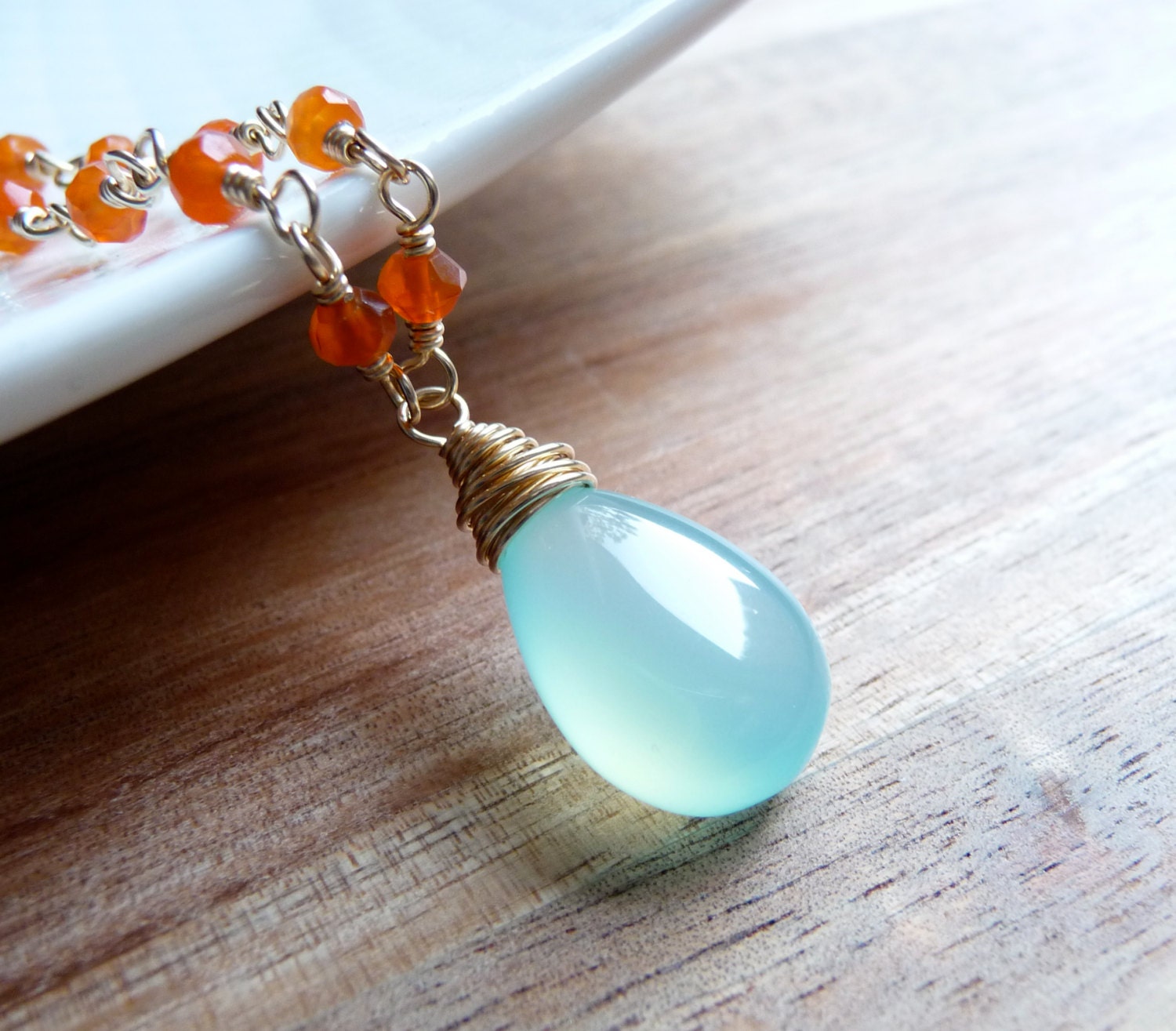Aqua Blue Chalcedony and Carnelian Gemstone Necklace in 14k Gold Filled, Wire Wrapped, Pendant Necklace
