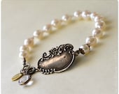Silver Pearl Bracelet, Vintage love token, sterling charm, silk knotted baroque Akoya pearls, white wedding, pink amethyst, monogrammed EMC