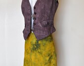 Vintage Denim Jean SKIRT  - Hand Dyed Yellow Ochre Gold Vintage Gap Frayed Edge Denim A Line Skirt -  Size 12 (34)