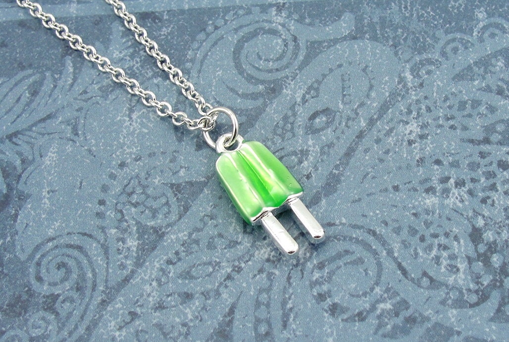 Lime Green Popsicle Necklace, Lime Popsicle Charm on a Silver Cable Chain