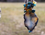 Blue Raw Agate Necklace Huge Large Long Turquoise Rough Stone Nautical Summer Fashion Jewelry Sailor Rope Agua Ocean Sea Teal Yellow Honey