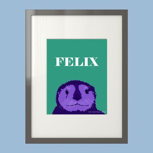 Personalized Otter Art Print in Turquoise, Blue, and Coral- 8 x 10 or 5 x 7