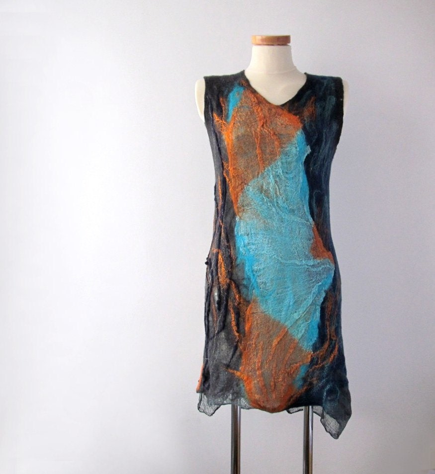 Nuno felted  dress grey blue orange  tunic clothing  seamless