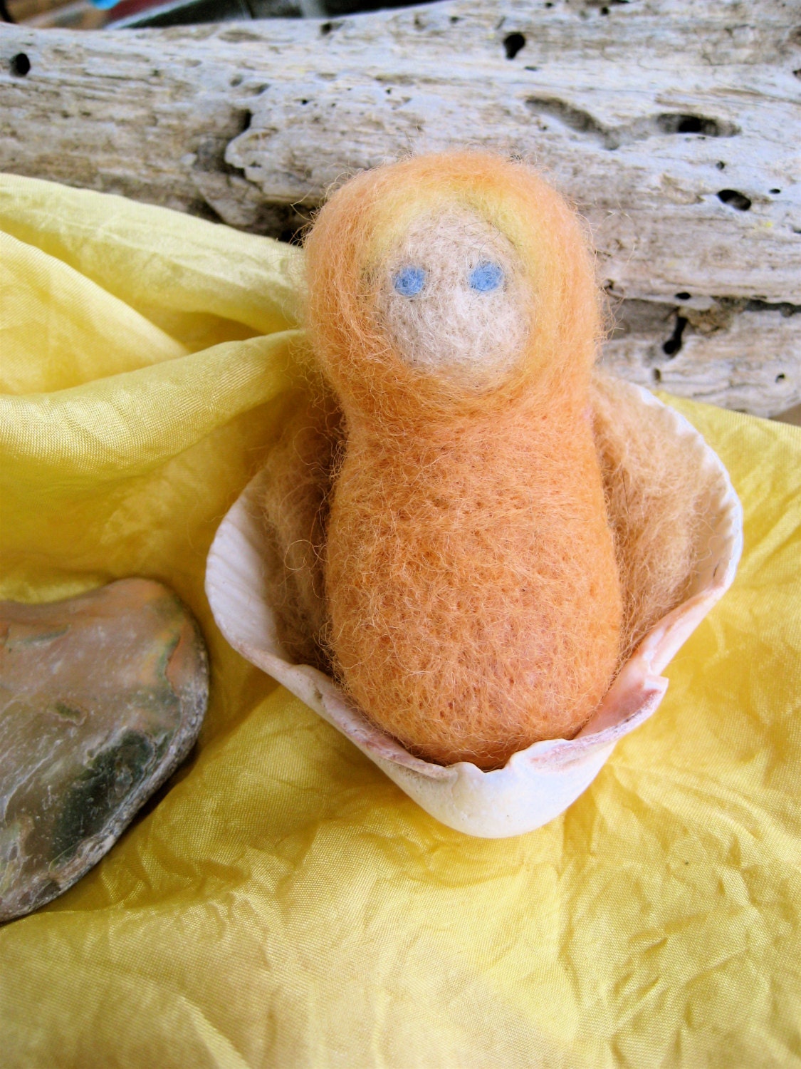 Little Seashell Baby 2 Needle Felted Pocket Doll in Seashell Cradle Beach Decor or Toy Beach Waldorf Style