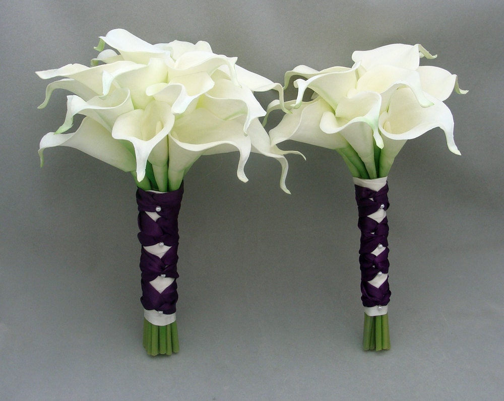 Wedding Flower Package Real Touch Calla Lily Maid of Honor Bridesmaid Bouquets Purple White - Choose Your Wedding Colors