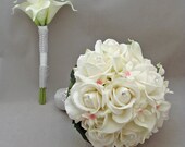 Reserved - Wedding Flower Package Bridal Bouquet Stephanotis Real Touch Roses Calla Lilies Bridesmaids' Bouquets Real Touch Calla Lilies