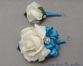 White and Turquoise Real Touch Rose Wedding Boutonniere & Wedding Corsage with Rhinestone Pearl Accents Turquoise Ribbon