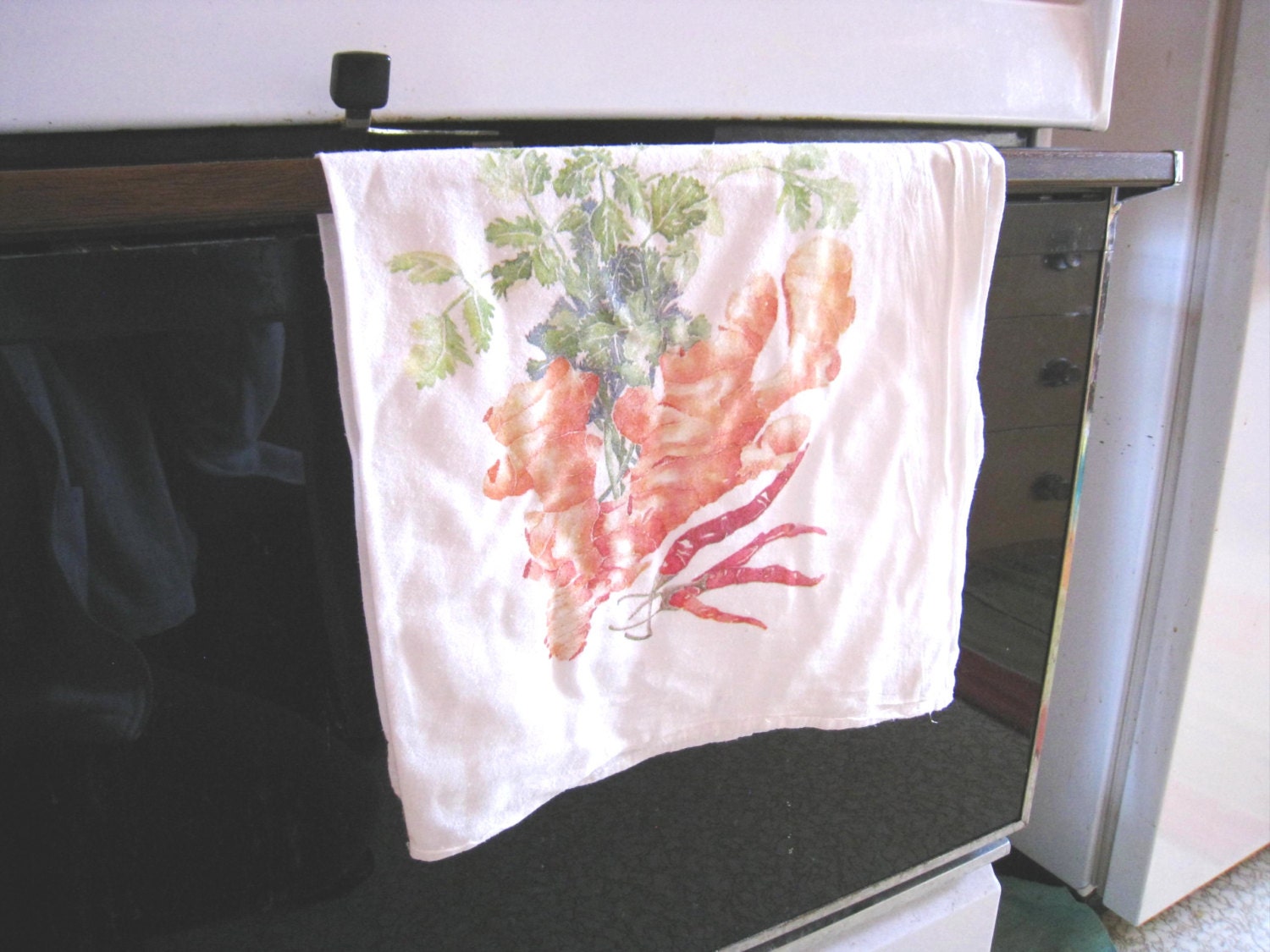 Flour sack tea towel, 100% cotton,  screen-printed vegetable portrait image of cilantro, ginger, chiles