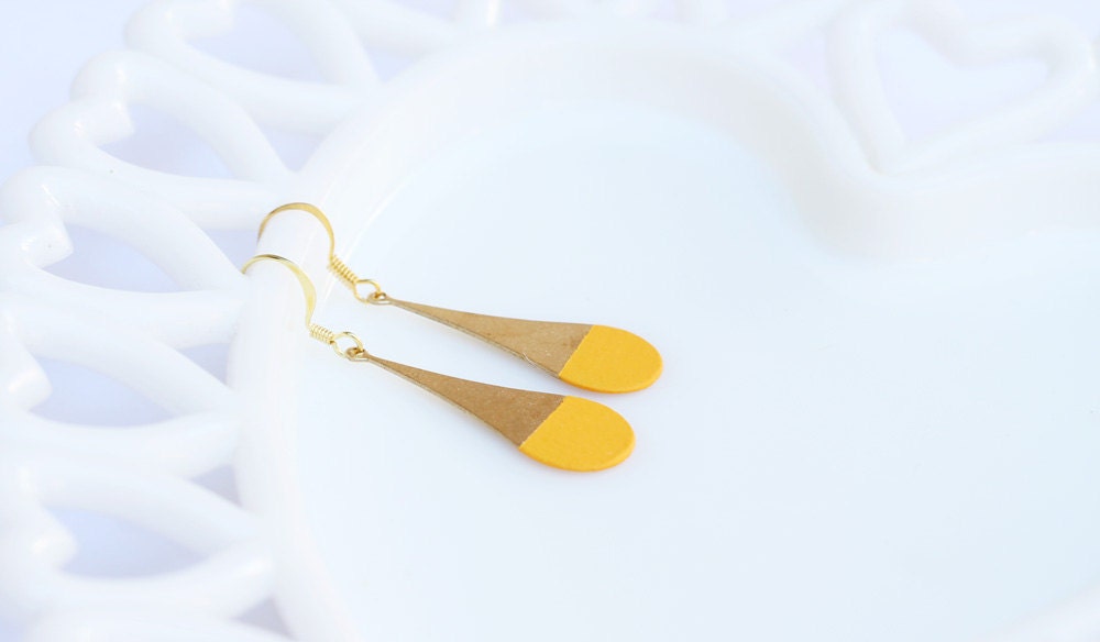 Golden Yellow Color Dipped Rounded Brass Dangle Earrings