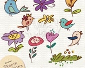 Commercial Use Clip Art - Sketch Collection - Birdy Floral Spring handdrawn illustration - code SC 13-001
