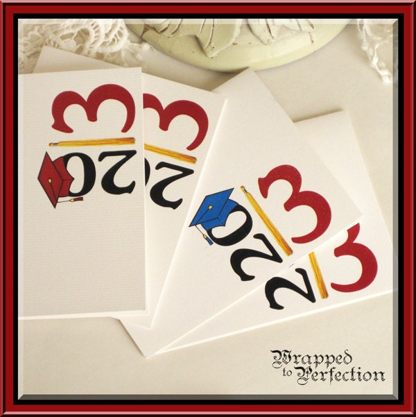 Graduation Thank You Cards / 10 Note Cards / 2013 / Red or Blue Graduation Cap / Gold Tassel / Invitation / Blank Note Card