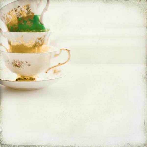 Tea cup photography, mid century modern kitchen, white, emerald green, yellow, gold, wall decor, shabby chic, vintage cups - Raceytay