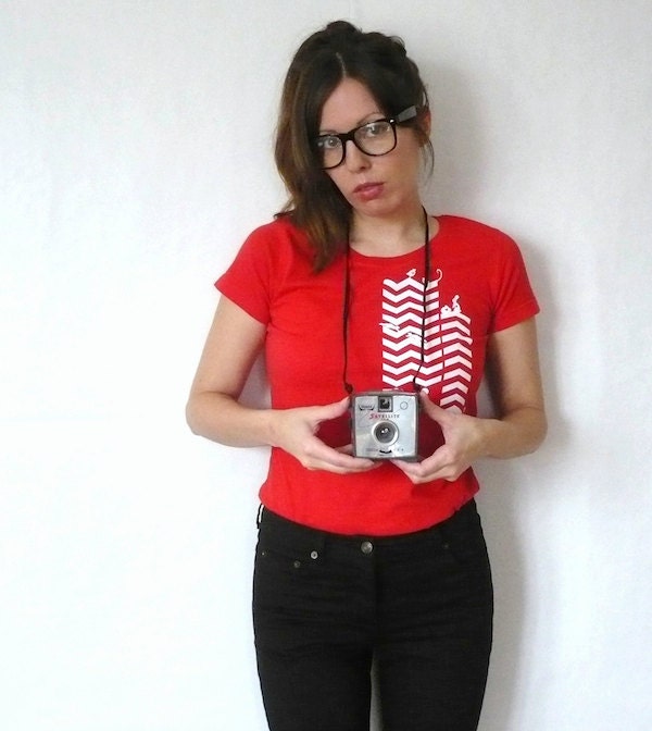 Screenprinted T-shirt, Red Chevron Retro Look, Women's Tee SML
