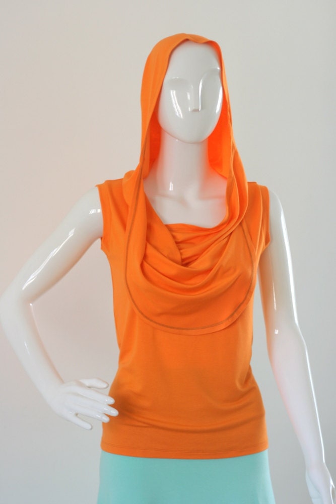 Womens top. Summer hoodie top. Asymmetric sleeveless shirt. Orange blouse summer hoodie top. Womens clothing.  Custom plus size clothing