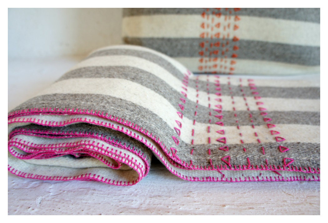 Hand Embroidered Wool Throw Blanket.  Choose Your Embroidery Color