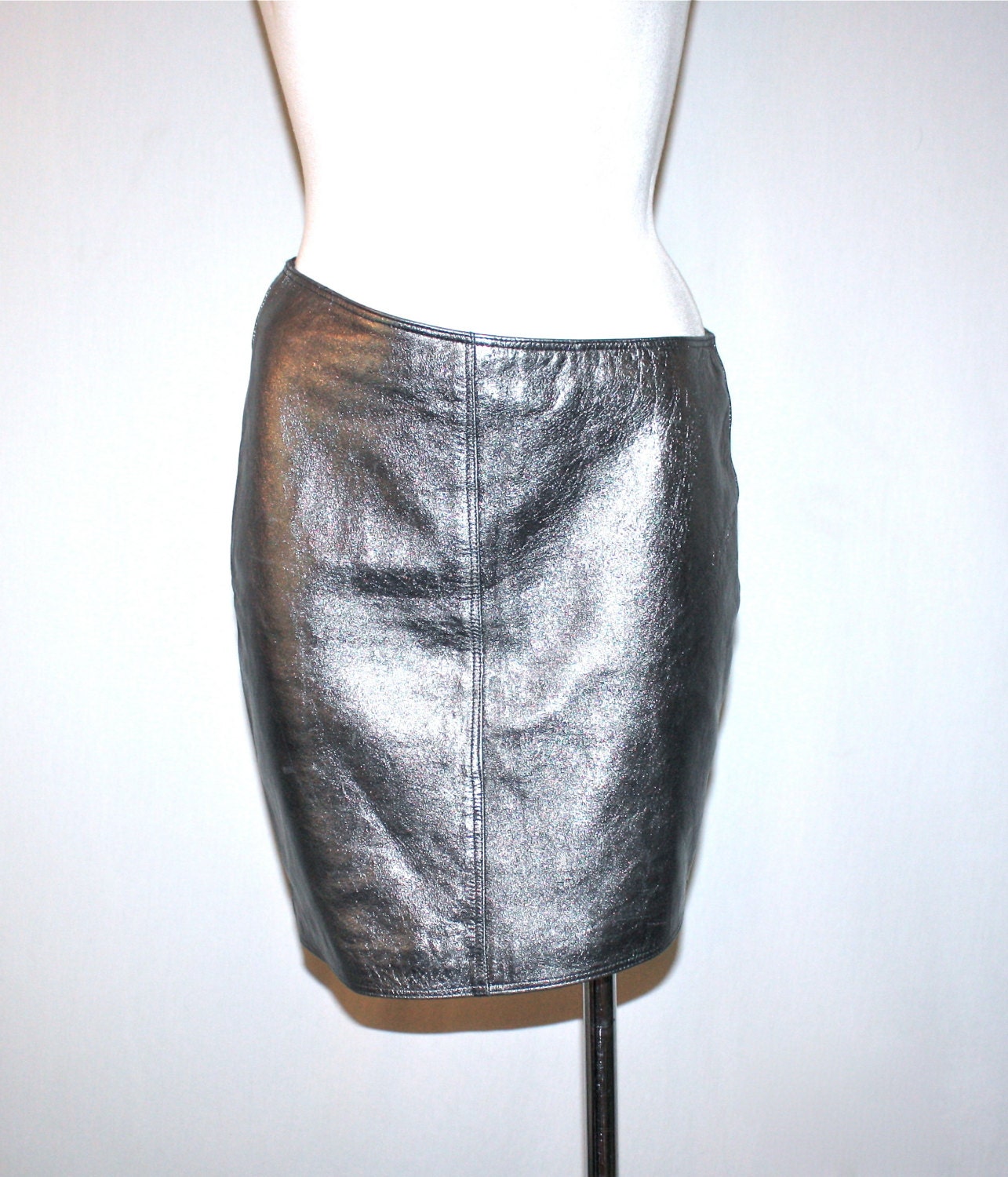 Vintage GIANNI VERSACE Leather Skirt Dark Silver Asymmetrical Hip Hugger Mini Skirt