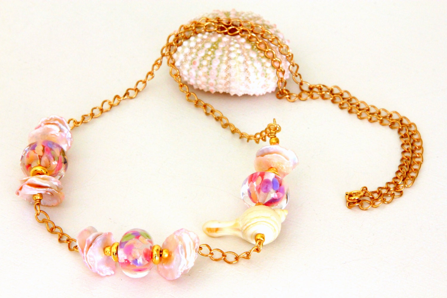 Pink Glass Beads & Keishi Pearls Pendant Necklace. White Dove Wedding Necklace. Glass Bead Pendant Necklace. Glass Bead Jewelry.