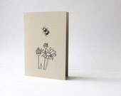 Bee and flowers note card, drawing of a bumblebee, blank card with bee trivia on back