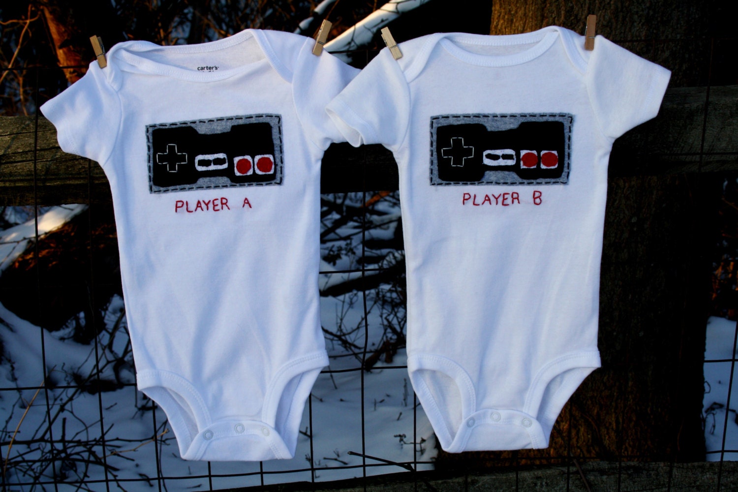 Nintendo Old School NES game PLAYER A and B bodysuits for Twins or siblings, Great way to celebrate a 2nd birth