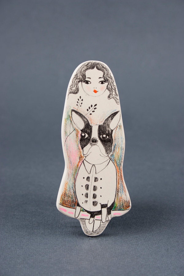 Clay Dog Handmade Brooch / Girl and Boston Terrier Air Dry Clay and Drawing Pin- FREE SHIPPING