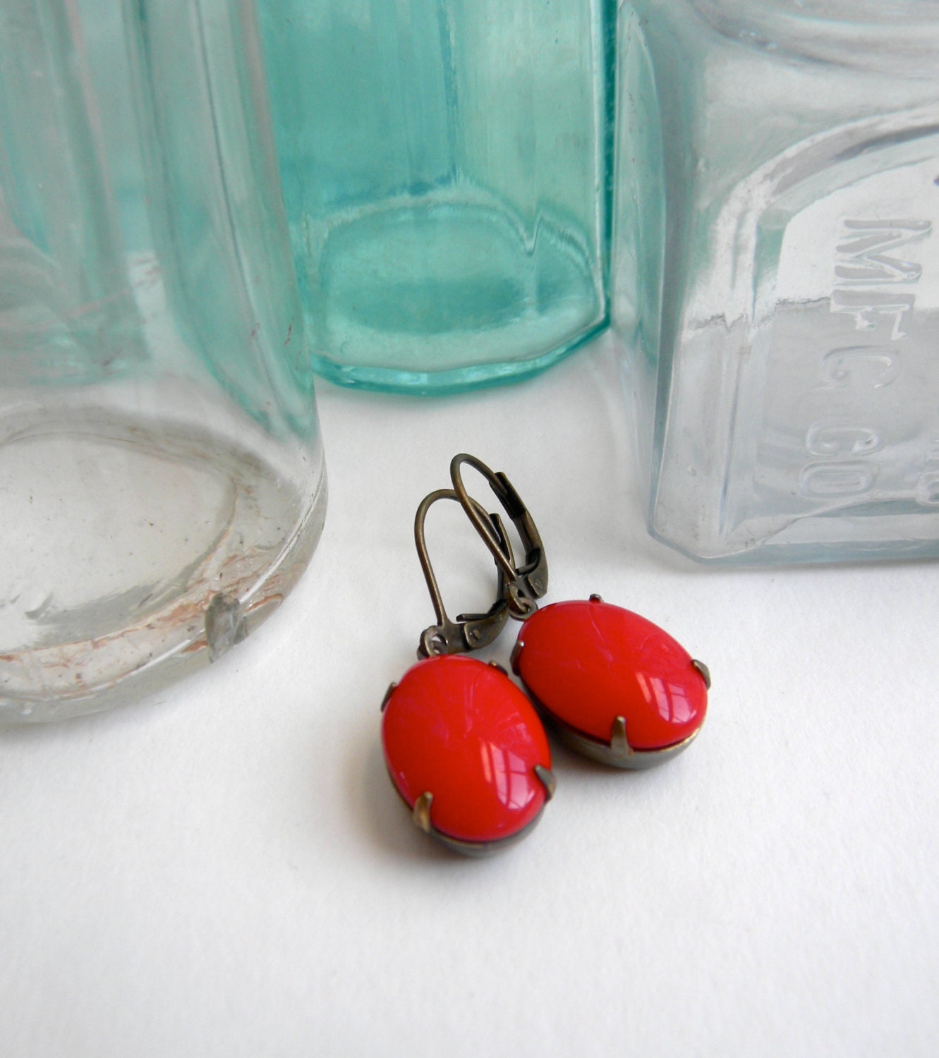 Cherry Red Glass Earrings.  Vintage Glass.  Aged Brass.