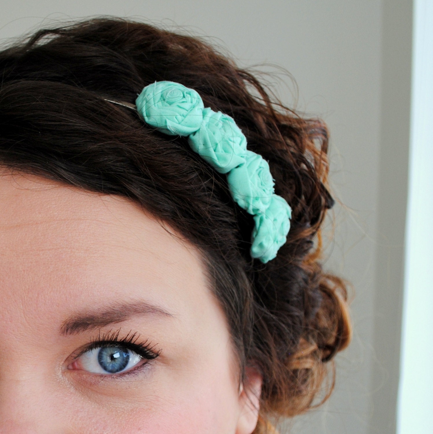 Mint Green Rosette Flower Headband - Small Rosettes - Pastel Green Floral Hair Accessory