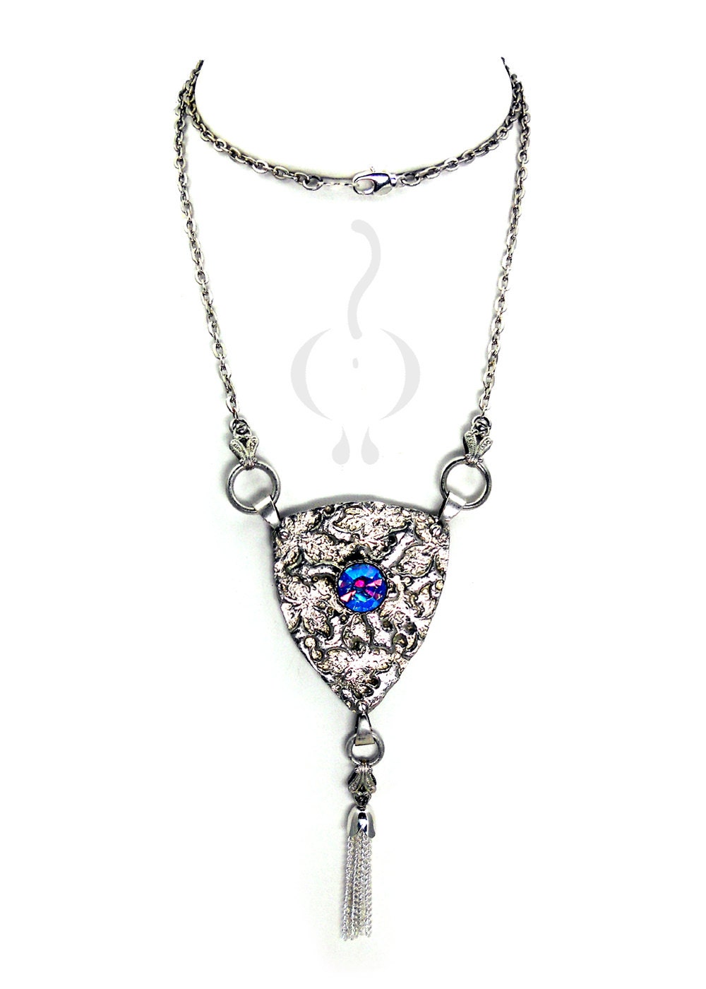 Modern Medieval Shield Necklace 'The LADY of the KEEP' Silver Alloy Sapphire Blue AB Rhinestone & Chain N0442 by Robin Delargy LooLoo's Box