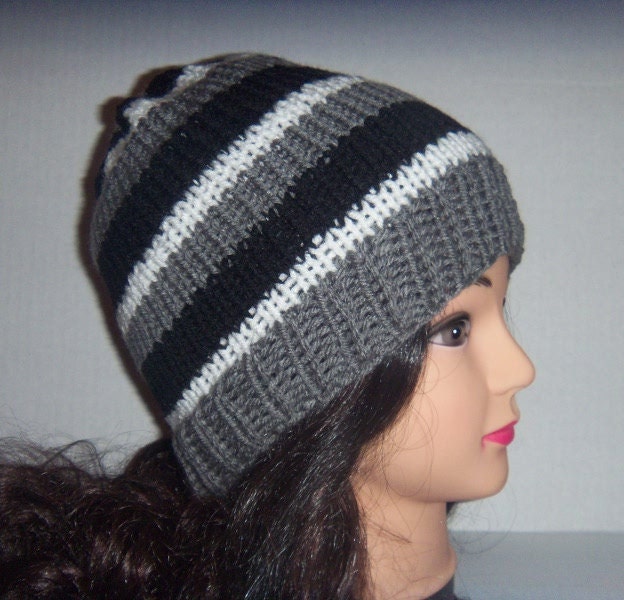 Mens Knit Striped Beanie Hat in Gray, White and Black, Mens Accessories, Mans Hat