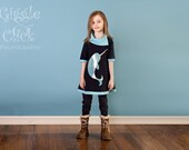 Narwhal Tunic or Dress, Unicorn of the Sea, navy, aqua, childrens clothing, girls dress, Sizes 8, 10, 12, 14 (smaller sizes also available)