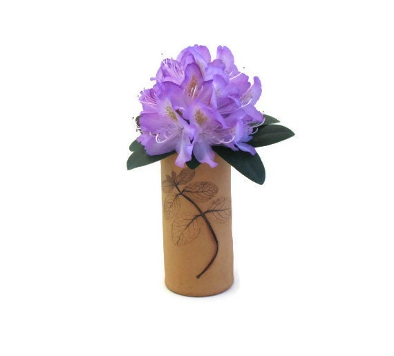 Small Round Vase Imprinted Leaves  - Real Spray of Leaves & Natural Clay Tones - Flower Holder