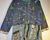 Artist Tunic or dress Upcycled recycled Painted Reconstructed in Gray and sage fits med to xl