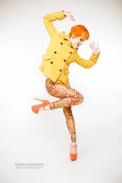 Marbled Ink Leggings - Printed Vintage Book Endpaper Design - Printed Tights - Yellow