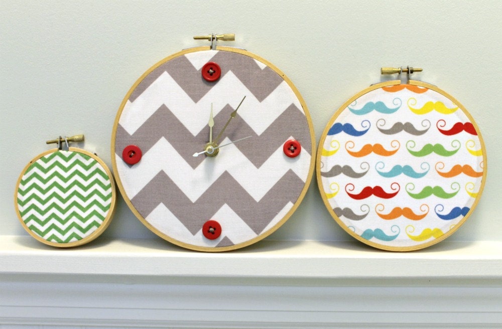 Wall Clock Trio, Embroidery Hoop Wall Art, Chevron Mustache, Riley Blake, Modern Clock