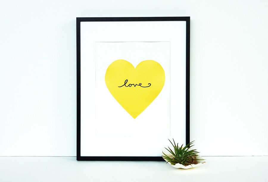 Love Screen Print - Yellow Gold Heart on Cream Paper