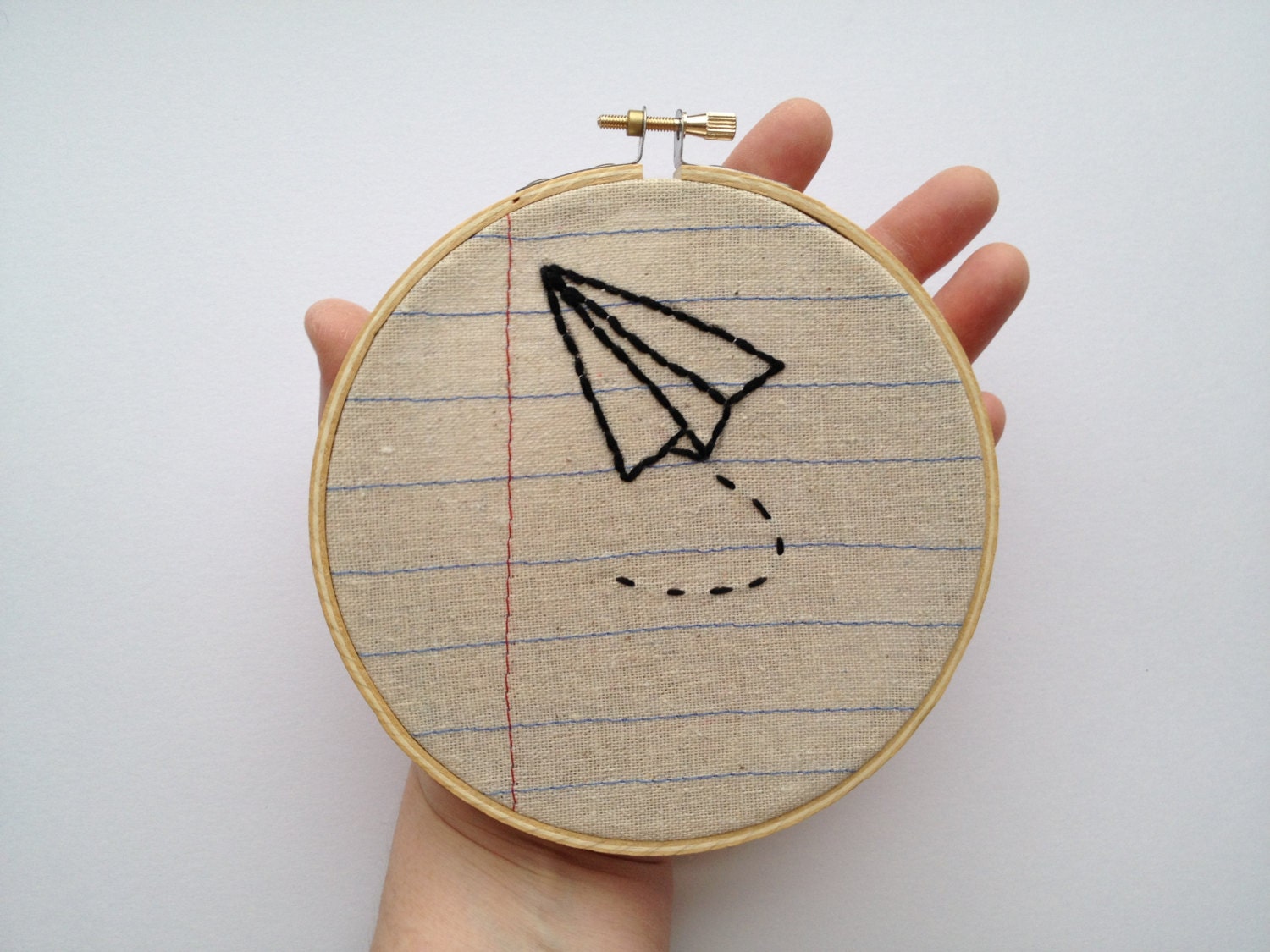 Paper Airplane- Five Inch Embroidery Hoop Wall Art- Machine Stitched and Hand Embroidered