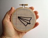 Paper Airplane- Three Inch Embroidery Hoop Wall Art- Machine Stitched and Hand Embroidered