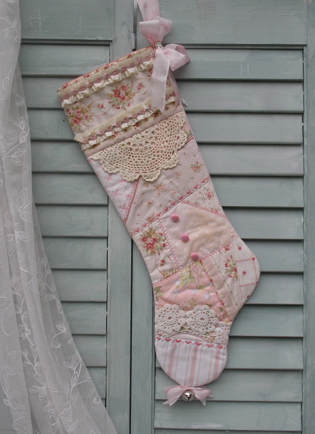Quilted Pink Patchwork Cottage Chic Christmas Stocking