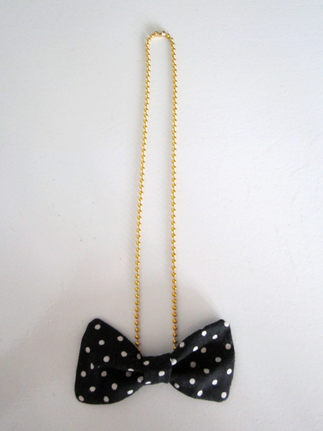 Polka dot, black and white, bow, necklace, gold plated, ball and chain, bow tie, by heatherbritton on etsy